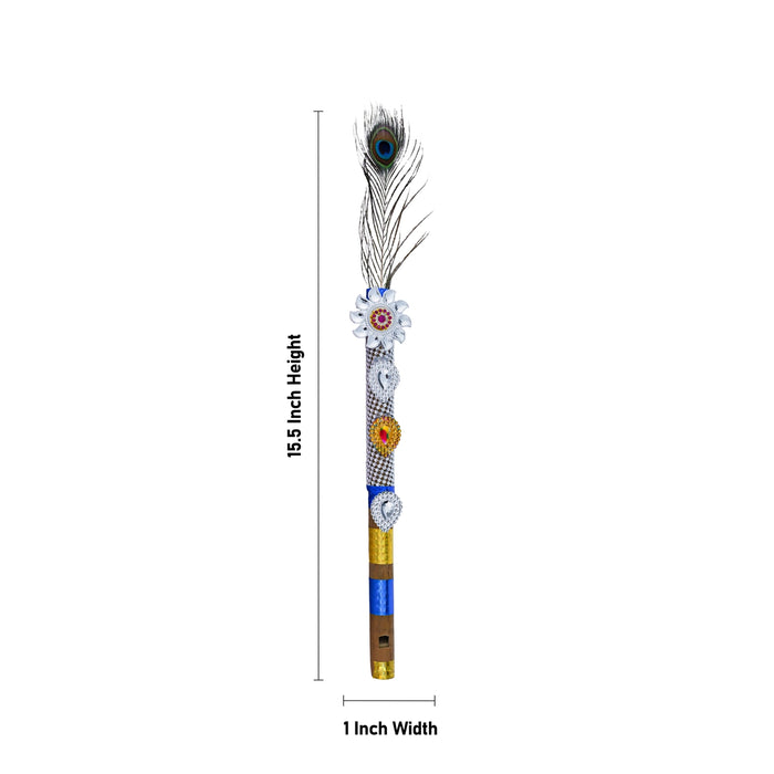 Krishna Flute With Peacock Feather - 15.5 x 1 Inches | Bansuri Flute/ Decorative Flute for Laddu Gopal Ji - Deity Accessories