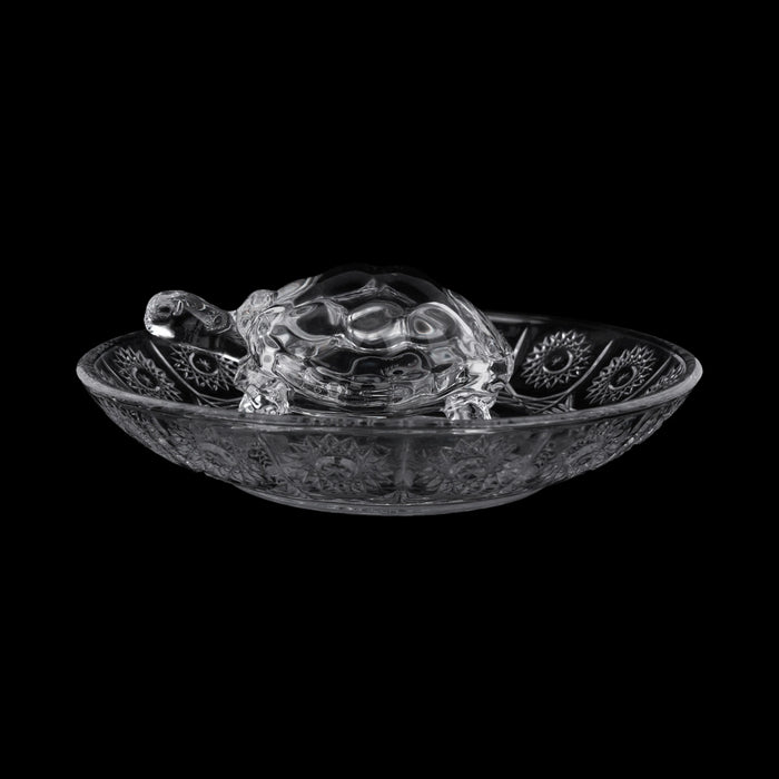 Glass Tortoise Statue With Plate Pair - 2 x 5 Inches | 2 Pcs/ Feng Shui Turtle for Prosperity Success - Gift & Home & Decor