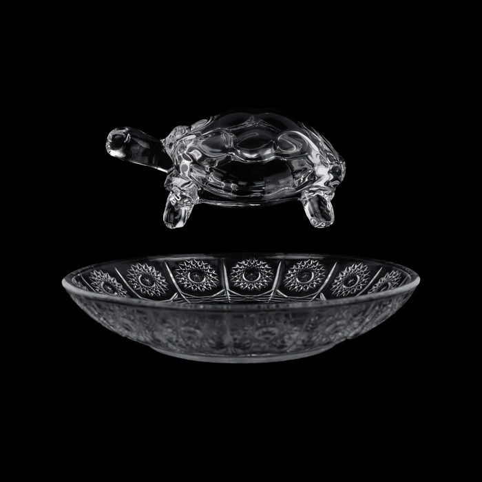 Glass Tortoise Statue With Plate Pair - 2 x 5 Inches | 2 Pcs/ Feng Shui Turtle for Prosperity Success - Gift & Home & Decor