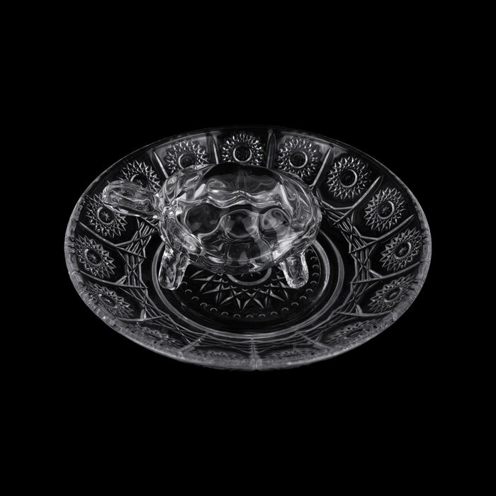 Glass Tortoise Statue With Plate Pair - 2 x 5 Inches | 2 Pcs/ Feng Shui Turtle for Prosperity Success - Gift & Home & Decor