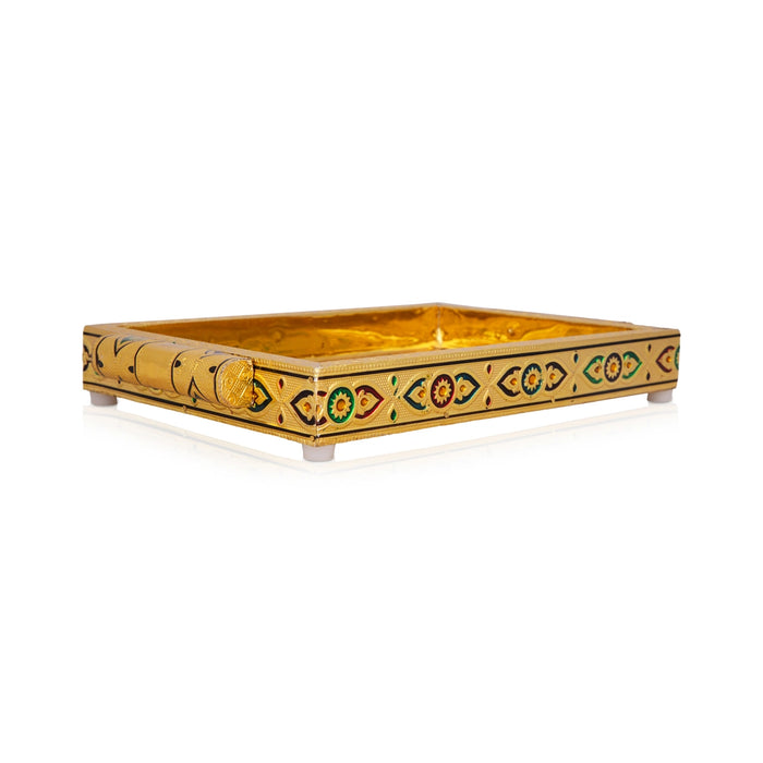 Pooja Tray - 7 x 10 Inches | Thali Tray/ Wooden Plate/ Gold Polish Meenakari Design Plate for Home/ 525 Gms Approx - Pooja Plate & Tray