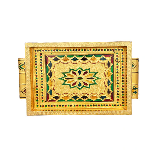 Pooja Tray - 7 x 10 Inches | Thali Tray/ Wooden Plate/ Gold Polish Meenakari Design Plate for Home/ 525 Gms Approx - Pooja Plate & Tray