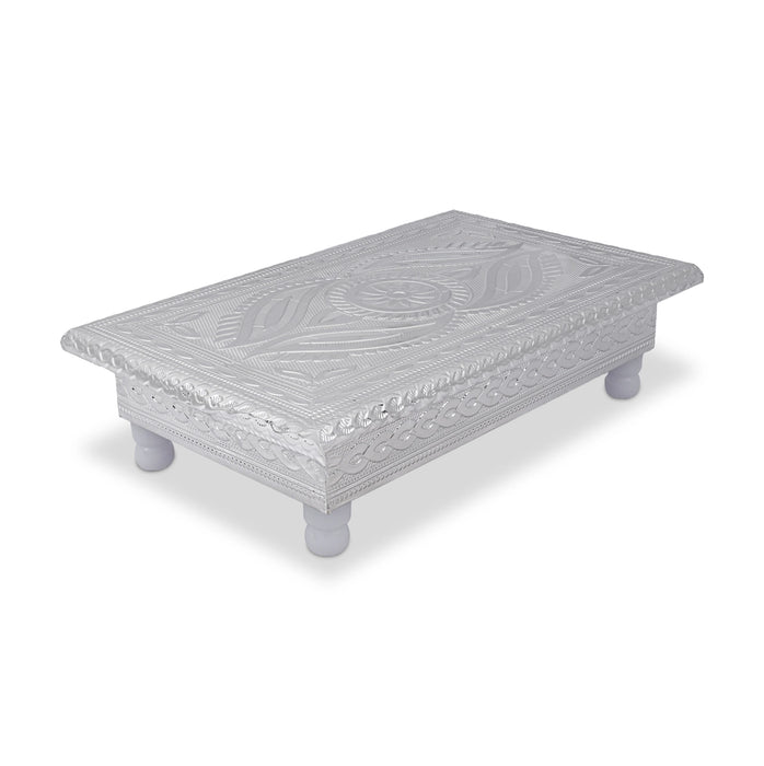 Pooja Chowki - 2 x8 Inches | Silver Polish Manai Palagai/ Bajot Bush/ Patla For Deity Decor