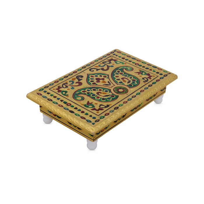 Bajot - 8 x 5 Inches | Wooden Manai Palagai/ Gold Polish Meenakari Design Chowki for Pooja/ 365 Gms Approx - Pooja Aasan & Bajot & Pooja Mat