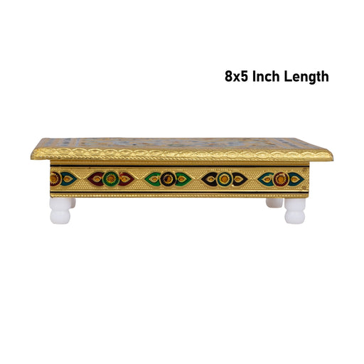 Bajot - 8 x 5 Inches | Wooden Manai Palagai/ Gold Polish Meenakari Design Chowki for Pooja/ 365 Gms Approx - Pooja Aasan & Bajot & Pooja Mat