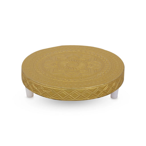 Patla Pair - 5 x 5 Inches | 2 Pcs/ Wooden Manai Palagai/ Gold Polish Bajot/ Round Chowki for Pooja/ 210 Gms - Pooja Aasan & Bajot & Pooja Mat