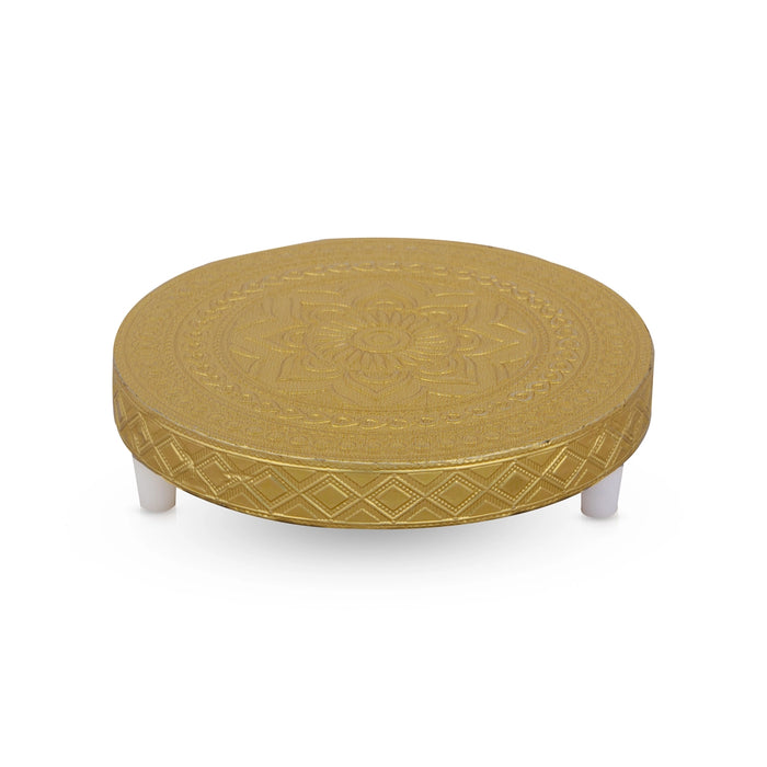 Patla Pair - 5 x 5 Inches | 2 Pcs/ Wooden Manai Palagai/ Gold Polish Bajot/ Round Chowki for Pooja/ 210 Gms - Pooja Aasan & Bajot & Pooja Mat