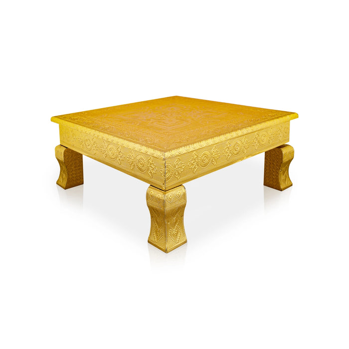 Pooja Chowki - 15 x 15 Inches | Gold Polish Bajot/ Wooden Patla/ Manai Palagai for Home - Pooja Aasan & Bajot & Pooja Mat