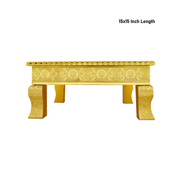 Pooja Chowki - 15 x 15 Inches | Gold Polish Bajot/ Wooden Patla/ Manai Palagai for Home - Pooja Aasan & Bajot & Pooja Mat