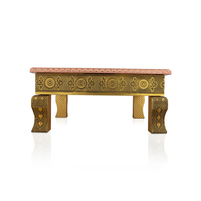 Pooja Chowki - 3 X 17.5 X 16 Inches | Wooden Bajot/ Manai Palagai/ Gold Polish Patla For Ritual - Pooja Aasan & Bajot & Pooja Mat