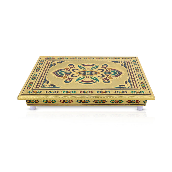 Bajot - 10 x 10 Inches | Wooden Manai Palagai / Gold Polish Meenakari Design Chowki for Pooja - Bajot