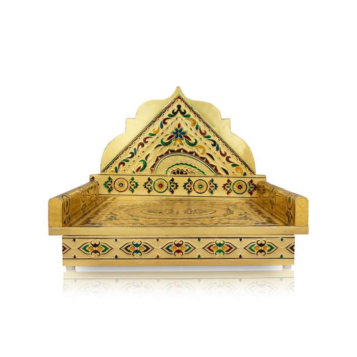 Simhasanam - 10 x 15 Inches | Wooden Chowki/ Gold Polish Bajot/ Meenakari Design Aasan for Deity