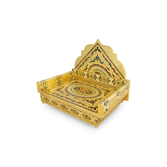 Simhasanam - 10 x 15 Inches | Wooden Chowki/ Gold Polish Bajot/ Meenakari Design Aasan for Deity