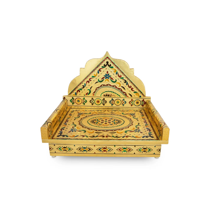 Simhasanam - 10 x 15 Inches | Wooden Chowki/ Gold Polish Bajot/ Meenakari Design Aasan for Deity