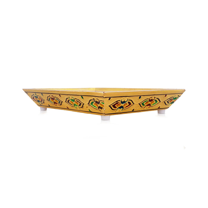Wooden Tray With Stand - 10 x 7.5 Inches | Gold Polish Meenakari Design Pooja Tray for Home/ 340 Gms Approx - Pooja Plate & Tray