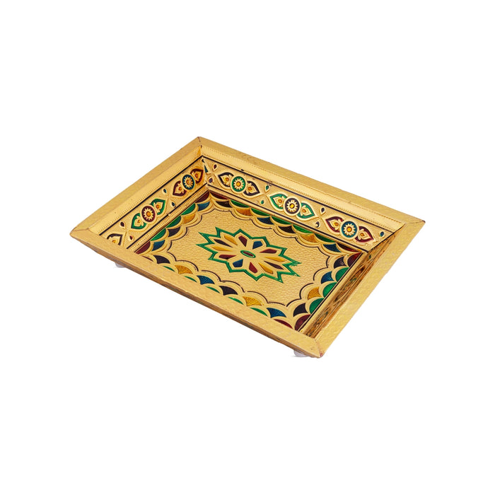 Wooden Tray With Stand - 10 x 7.5 Inches | Gold Polish Meenakari Design Pooja Tray for Home/ 340 Gms Approx - Pooja Plate & Tray