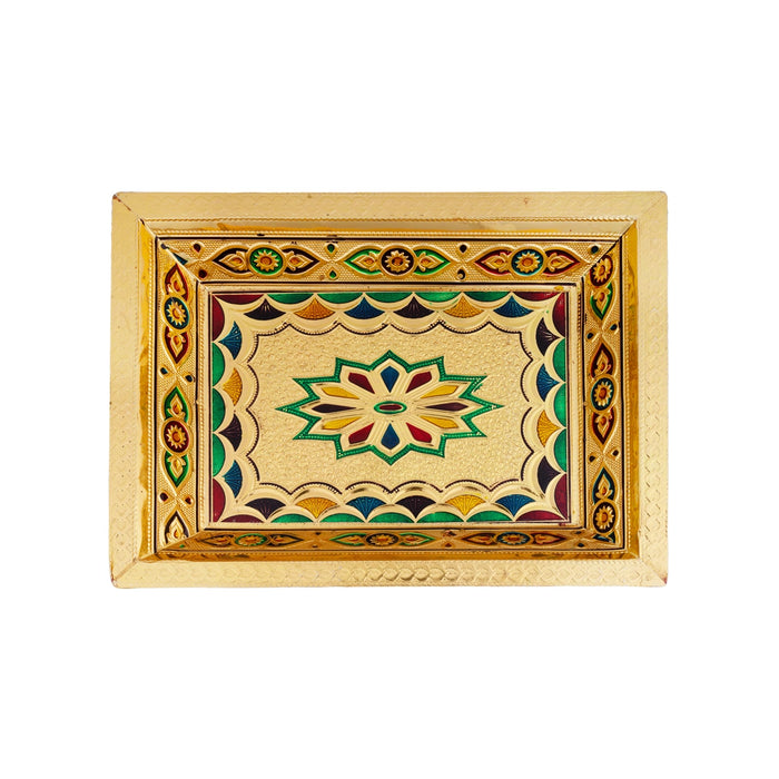 Wooden Tray With Stand - 10 x 7.5 Inches | Gold Polish Meenakari Design Pooja Tray for Home/ 340 Gms Approx - Pooja Plate & Tray