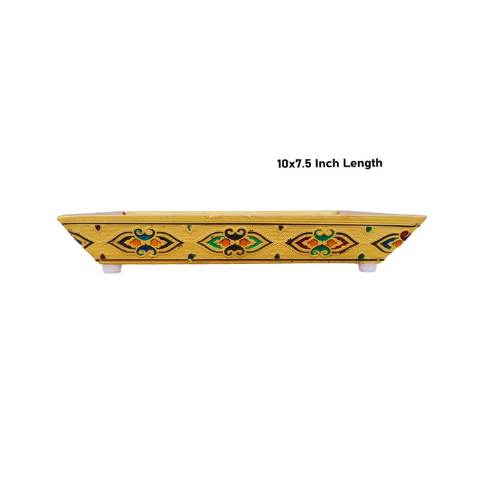 Wooden Tray With Stand - 10 x 7.5 Inches | Gold Polish Meenakari Design Pooja Tray for Home/ 340 Gms Approx - Pooja Plate & Tray