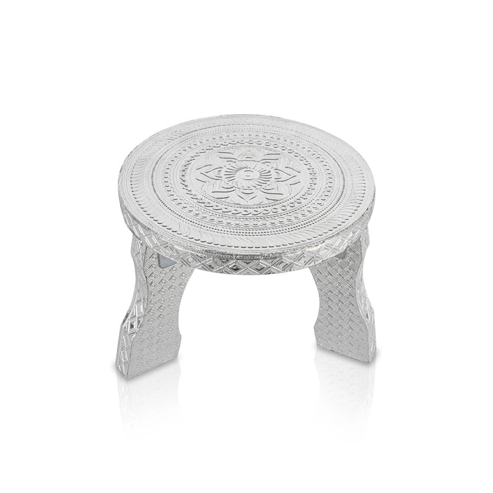 Mukkali Stool - 7 x 7 x 7 Inches | Wooden Pooja Chowki/ Silver Polish Bajot/ Patla for Home - Pooja Aasan & Bajot & Pooja Mat