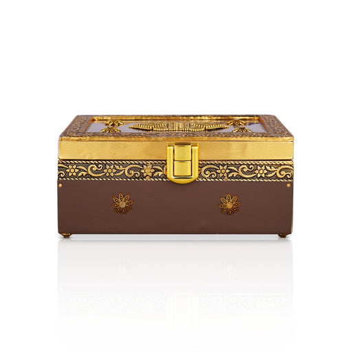Pooja Box - 3 x 6 Inches | Gold Antique Design Jewellery Box/ Storage Box for Home - Pooja Box & Paduka