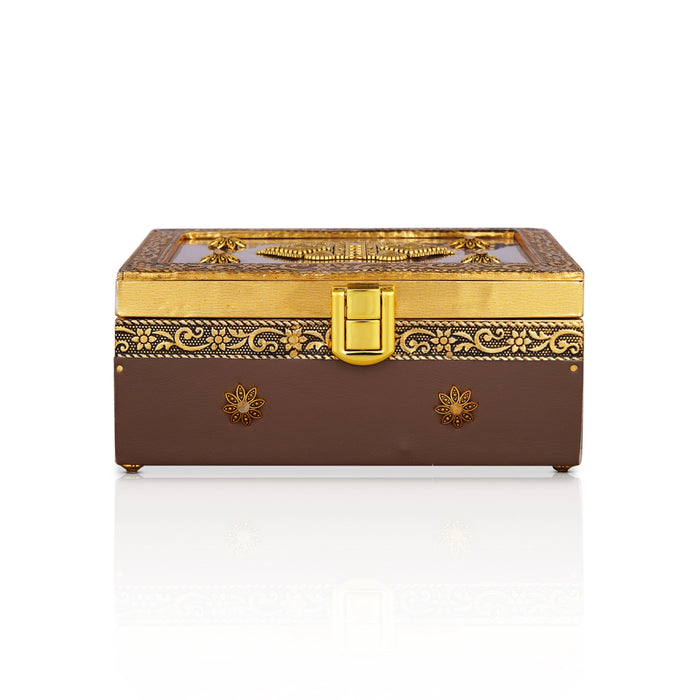 Pooja Box - 3 x 6 Inches | Gold Antique Design Jewellery Box/ Storage Box for Home - Pooja Box & Paduka