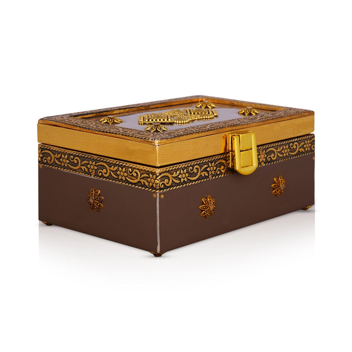 Pooja Box - 3 x 6 Inches | Gold Antique Design Jewellery Box/ Storage Box for Home - Pooja Box & Paduka