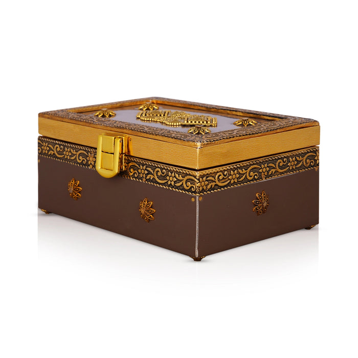 Pooja Box - 3 x 6 Inches | Gold Antique Design Jewellery Box/ Storage Box for Home - Pooja Box & Paduka