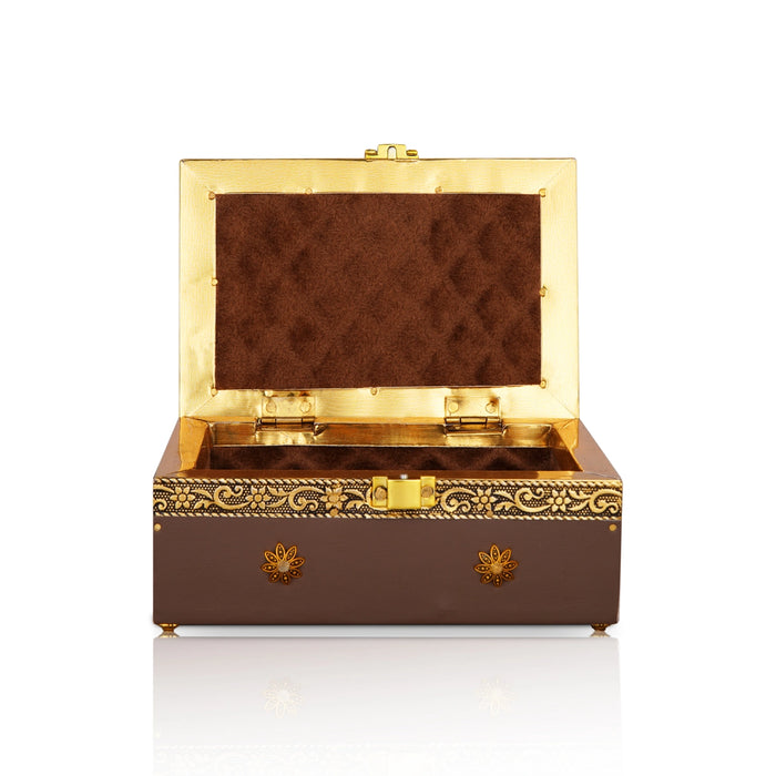 Pooja Box - 3 x 6 Inches | Gold Antique Design Jewellery Box/ Storage Box for Home - Pooja Box & Paduka