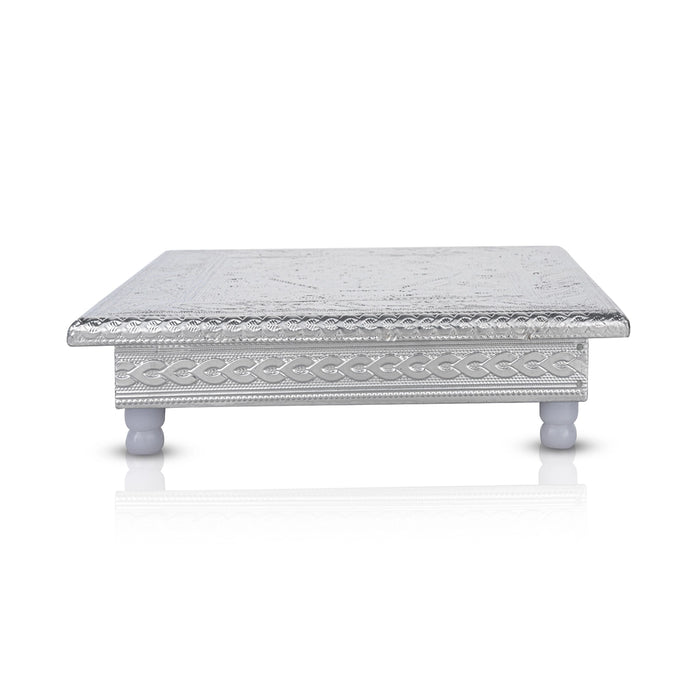 Pooja Chowki With Base - 2.25 x 8 x 8 Inches | Wooden Bajot/ Silver Polish Patla for Home - Pooja Aasan & Bajot & Pooja Mat