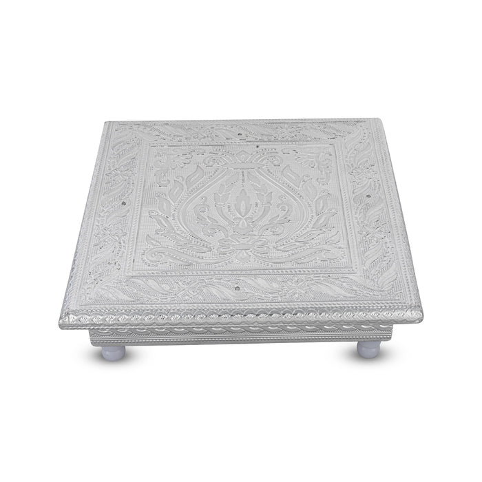 Pooja Chowki With Base - 2.25 x 8 x 8 Inches | Wooden Bajot/ Silver Polish Patla for Home - Pooja Aasan & Bajot & Pooja Mat