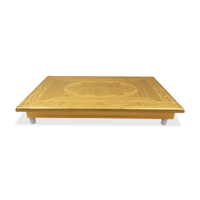 Pooja Chowki With Base - 2 x 15 Inches | Manai Palagai/ Gold Polish Bajot/ Flower Design Patla For Deity