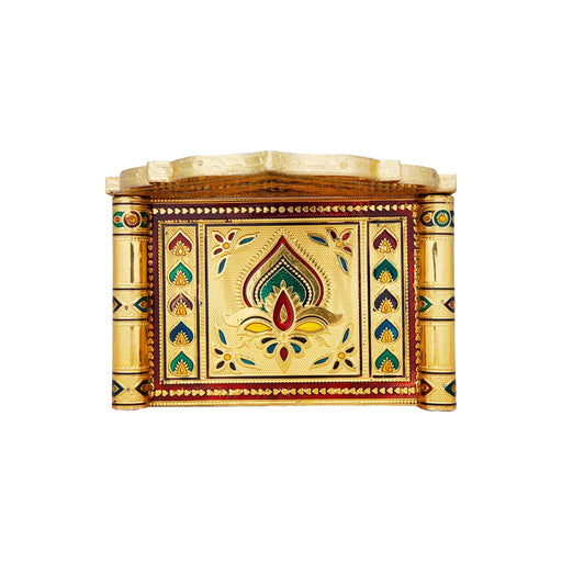 Simhasan - 6.5 x 8 Inches | Gold Polish Aasan/ Meenakari Design Chowki/ Bajot for Deity - Pooja Aasan & Bajot & Pooja Mat