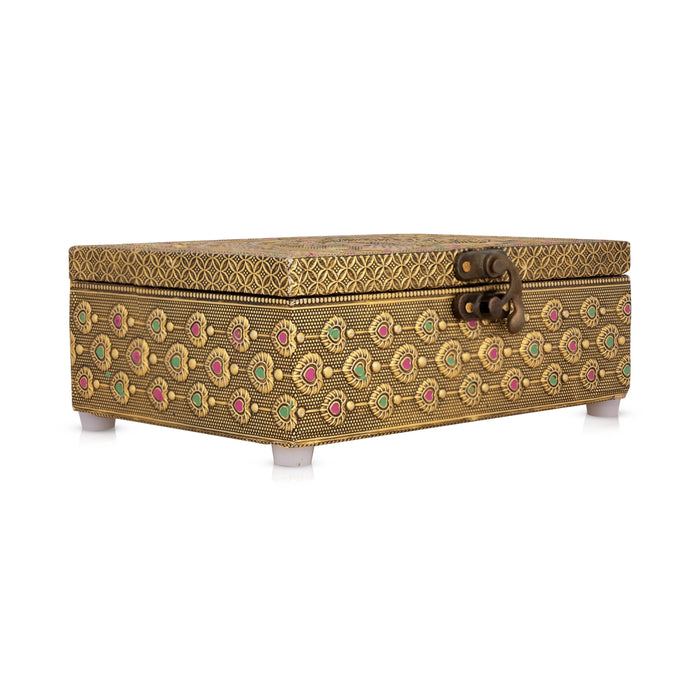 Pooja Box - 2.75 x 7 x 5 Inches | Gold Oxidised Jewellery Box/ Peacock Design Storage Box for Home - Pooja Box & Paduka