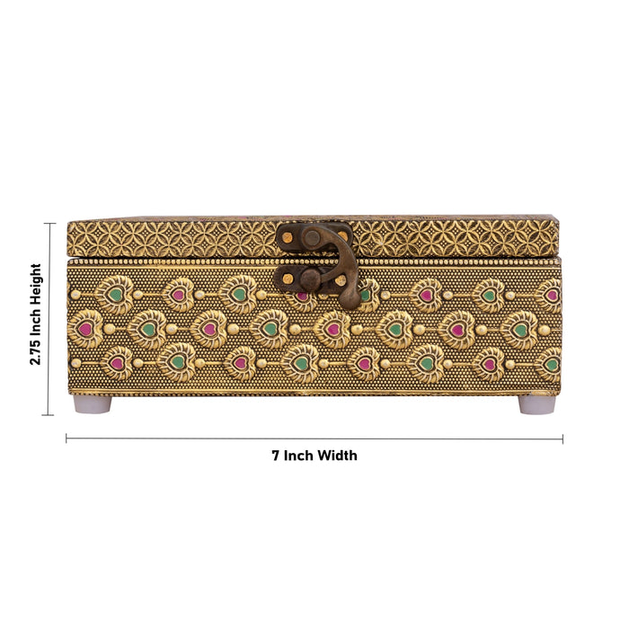 Pooja Box - 2.75 x 7 x 5 Inches | Gold Oxidised Jewellery Box/ Peacock Design Storage Box for Home - Pooja Box & Paduka