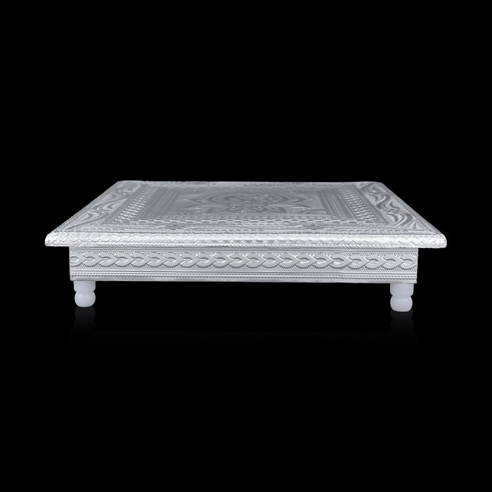 Pooja Chowki With Base - 2 x 10 Inches | Manai Palagai/ Silver Polish Bajot/ Flower Design Patla For Deity