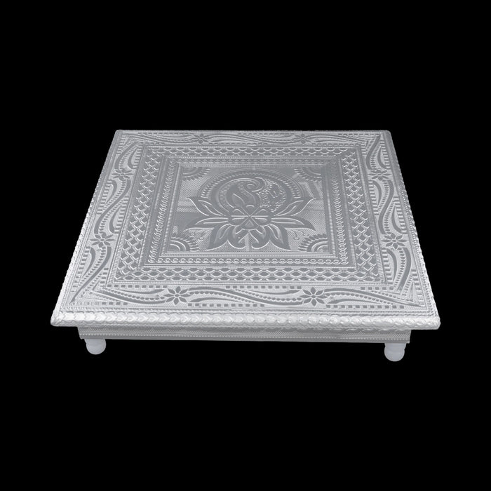 Pooja Chowki With Base - 2 x 10 Inches | Manai Palagai/ Silver Polish Bajot/ Flower Design Patla For Deity