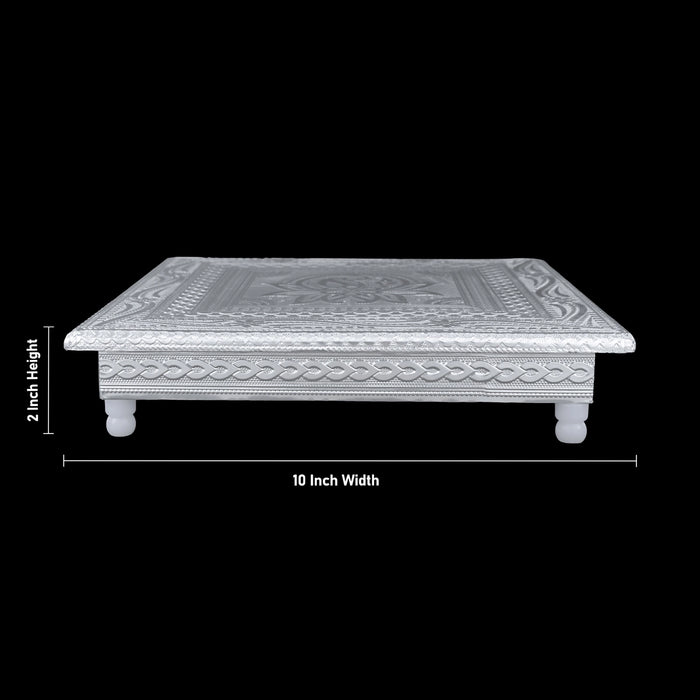 Pooja Chowki With Base - 2 x 10 Inches | Manai Palagai/ Silver Polish Bajot/ Flower Design Patla For Deity