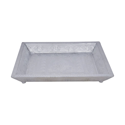 Serving Tray - 12 x 9 Inches | Silver Polish Tray/ Wooden Pooja Plate for Home - Pooja Plate & Tray