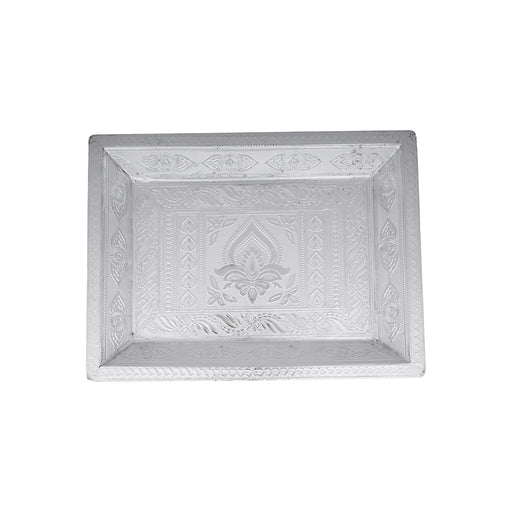 Serving Tray - 12 x 9 Inches | Silver Polish Tray/ Wooden Pooja Plate for Home - Pooja Plate & Tray