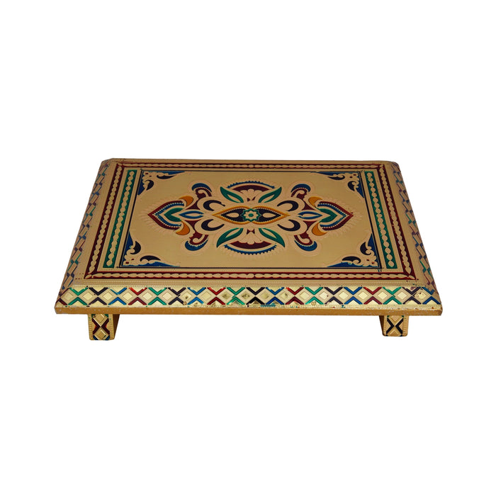 Patla - 7 x 10 Inches | Wooden Manai Palagai/ Gold Polish Meenakari Design Bajot/ Chowki for Pooja
