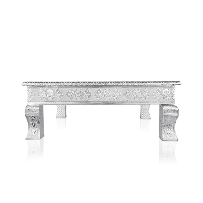 Pooja Chowki With Leg - 3 x 18 x 18 Inches | Wooden Bajot/ Silver Polish Patla for Home - Pooja Aasan & Bajot & Pooja Mat