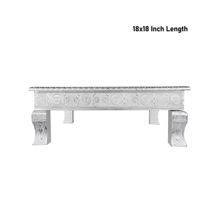 Pooja Chowki With Leg - 3 x 18 x 18 Inches | Wooden Bajot/ Silver Polish Patla for Home - Pooja Aasan & Bajot & Pooja Mat