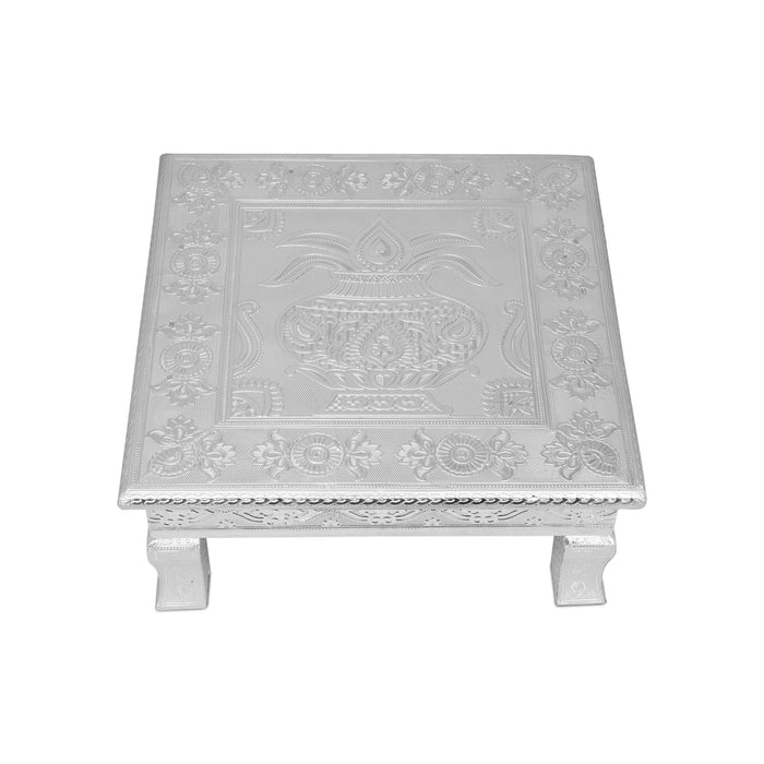 Pooja Chowki - 3.5 X 18 X 18 Inches | Wooden Bajot/ Manai Palagai/ Silver Polish Patla For Rituals And Pooja - Pooja Aasan & Bajot & Pooja Mat