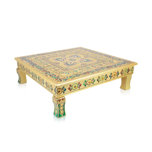 Bajot - 3 x 21 x 21 Inches | Wooden Manai/ Gold Polish Meenakari Design Chowki for Pooja - Pooja Aasan & Bajot & Pooja Mat