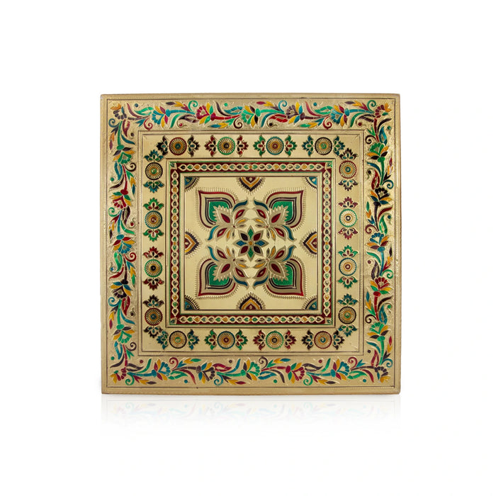 Bajot - 3 x 21 x 21 Inches | Wooden Manai/ Gold Polish Meenakari Design Chowki for Pooja - Pooja Aasan & Bajot & Pooja Mat