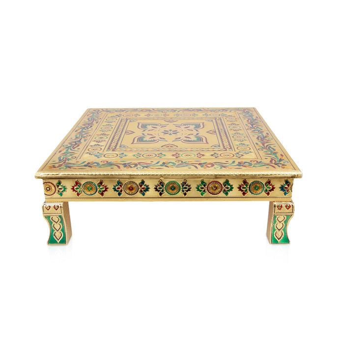 Bajot - 3 x 21 x 21 Inches | Wooden Manai/ Gold Polish Meenakari Design Chowki for Pooja