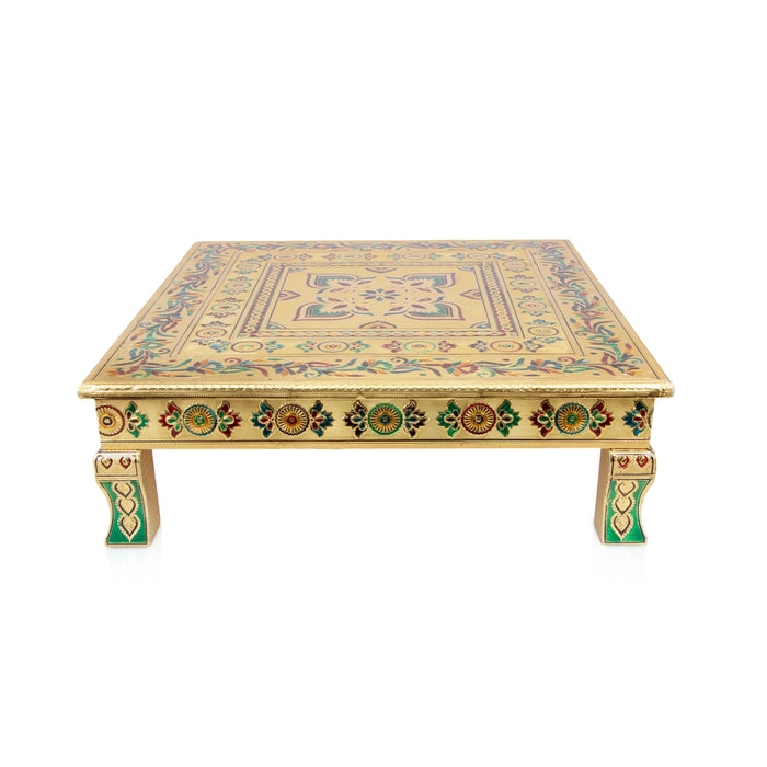 Bajot - 3 x 21 x 21 Inches | Wooden Manai/ Gold Polish Meenakari Design Chowki for Pooja - Pooja Aasan & Bajot & Pooja Mat