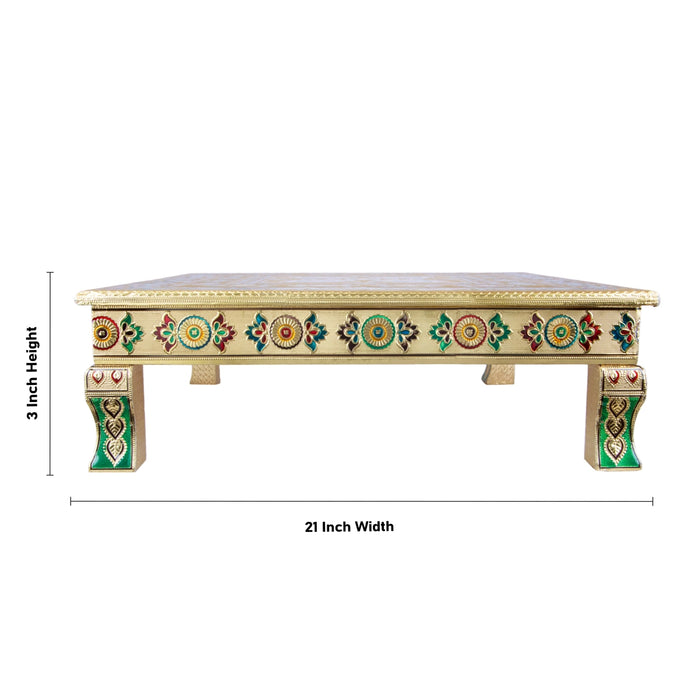 Bajot - 3 x 21 x 21 Inches | Wooden Manai/ Gold Polish Meenakari Design Chowki for Pooja - Pooja Aasan & Bajot & Pooja Mat