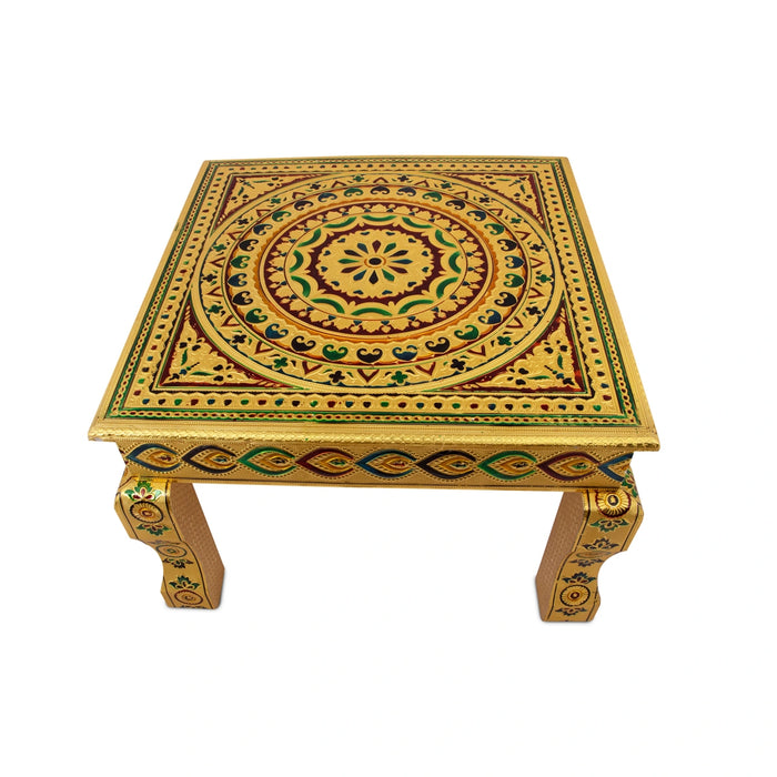 Bajot - 18 x 18 Inches | Golden Polish Manai Palagai/ Meenakari Design for Pooja - Pooja Aasan & Bajot & Pooja Mat