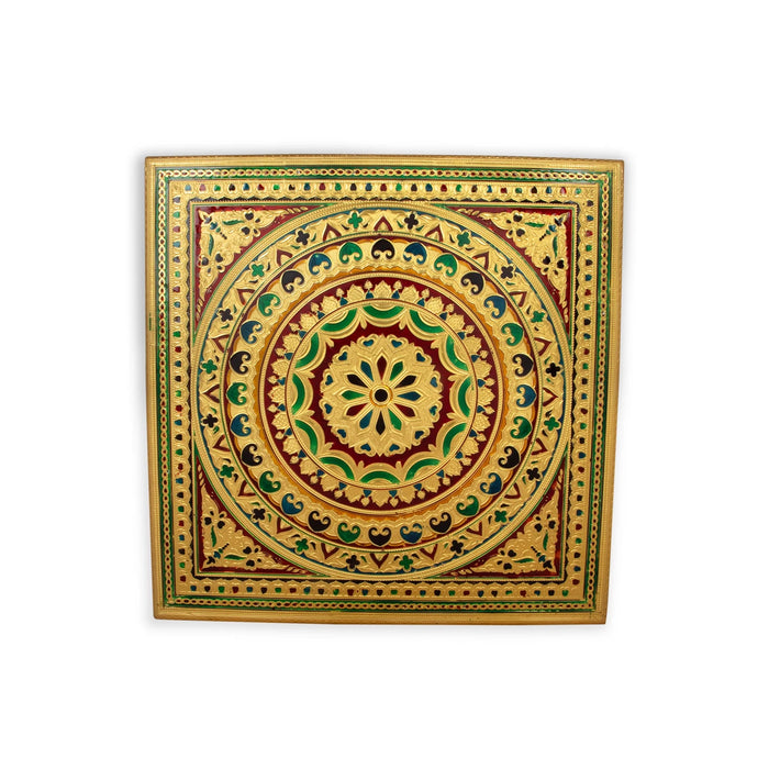 Bajot - 18 x 18 Inches | Golden Polish Manai Palagai/ Meenakari Design for Pooja - Pooja Aasan & Bajot & Pooja Mat